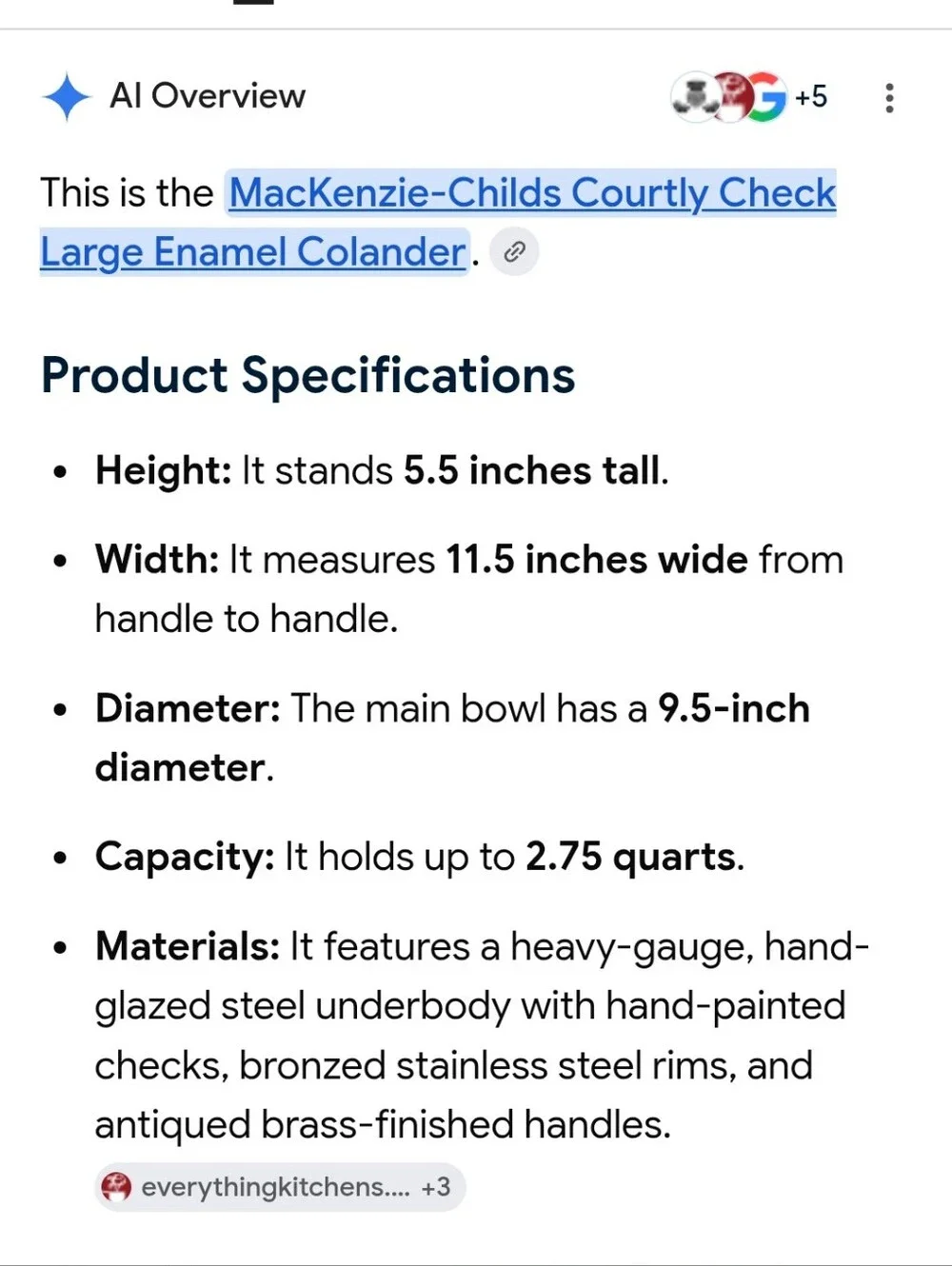 MacKenzie-Childs Courtly Check Large Colander 2.75 Quarts
